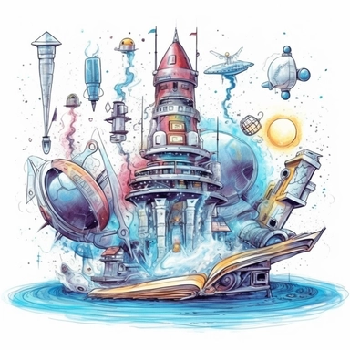 science fiction scene coming out of an open book, rockets, ufos, robots, magical, watercolors, Clipart, pastel blue color theme, intricate and detailed