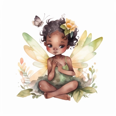 ultra beautiful cute baby girl black skin fairy elf, pixie with beautiful buttefly style wings in a sitting position holding a flower in the woods clipart, water color illustration, mary cecily baker style ,white background