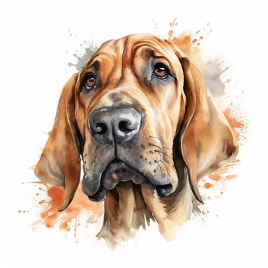 cute Bloodhound dog portrait, full face, centered shot, side shot, dynamically posed, in action, playful mood, happy mood, playing mood, cute face, adorable smile, childlike eyes, clean watercolor illustration, white background, nursery baby imagery, painting, detailed, 8k, PNG, clipart,