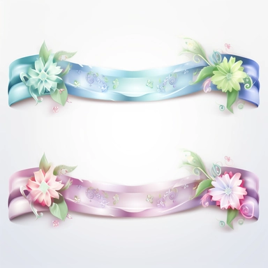 Light horizontal Fantasy Banner Clipart, Ribbon, Flowers, pink, blue, green, magical, single file