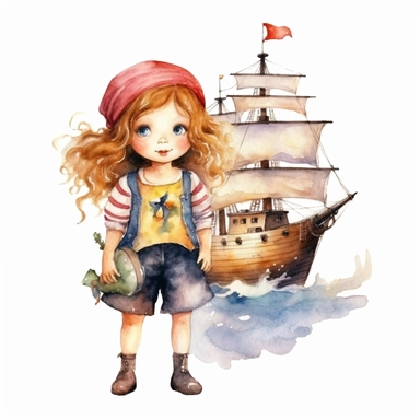 Cute little pirate girl standing on his pirate ship watercolor Clipart