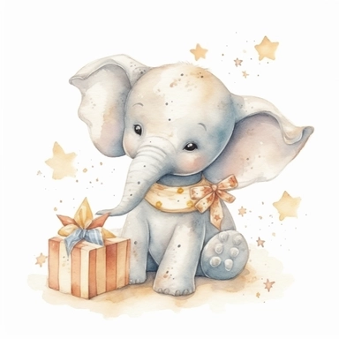 cute watercolor newborn soft beige baby elephant toy smiling with stars and birthday cake, watercolor effect, isolated white background, babyshower clipart, soft beige tones