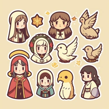 vector sticker design, anime style Christmas nativity clipart, white background, flat colors