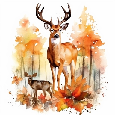 fall forest animals with a deer, clipart, watercolor effect, high definition, red gold orange green brown, centered, white background, image only