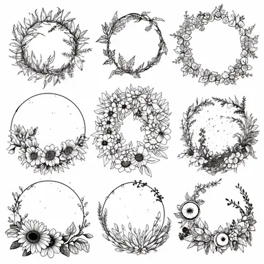 Nine extremely simple and beautiful uncomplicated minimalist design flower garlands clipart in 3 rows, 3 columns, line drawing in a perfect circle, very little detail, mixed drawing so that certain parts of the circle are flowers, straight line, hidden and dotted line, flower details do not enter the circle or enter very little, black focus, high quality, aesthetic style, white background, garlands only,8k