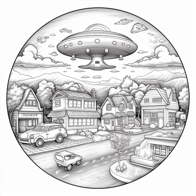 UFO in the Village pixar style, THIN LINES, INTRICATE DETAILS, HAND DRAWN, CRISP LINES, PENCIL SKETCH, HIGHLY DETAILED, ILLUSTRATION, LINE ART, DIGITAL ART, VECTOR, COLORING PAGE FOR KIDS, CLIPART, PRINTABLE OUTLINED ART, GREYSCALE, DIGITAL STAMP, MODERN CARTOON STYLE, REALISTIC CARTOON STYLE, MODERN ANIME, CLASSIC MANGA, KAWAII STYLE,CHIBI DRAWING STYLE