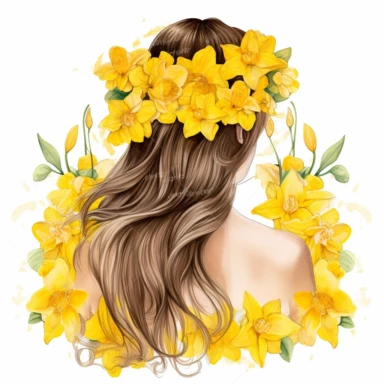 watercolor A woman's face, full body, back view Daffodils: These cheerful yellow flowers are a symbol of spring and are often used to represent new beginnings. with flowers and leaves adorning her hair. hair up with flowers vividly bold designs png Full body realistic cartoon in 32K UHD cute. 15 cm thick outline. Black color. There was no shadow on the ground. 8k with realistic watercolors. and detailed illustrations. PNG clipart, transparent white background