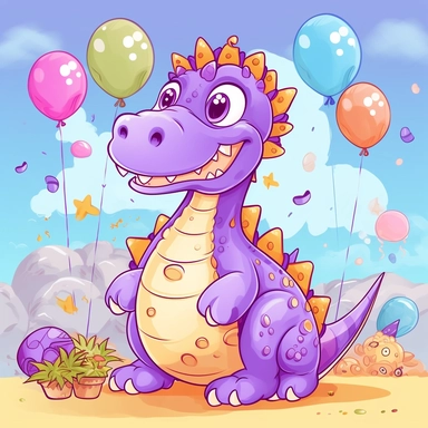 a foolish and cute girly dinosaur having fun in a birthday party, clipart style, girly background party with balloons
