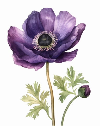 Purple Anemone Clipart, watercolor style, white background