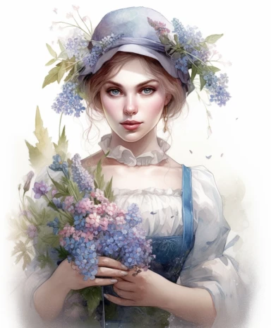 watercolor mixed media portrait of a beautiful and feminine flower gardener in apron, decorated with forget-me-nots and summer flowers and magic crystals, lace and embroidery, masterpiece by Edouard Bisson style and by Tom Bagshaw style, Village fashion, PNG clipart, isolated on white, extreme photorealistic details, 32k HD resolution, realistic high detailization high resolution
