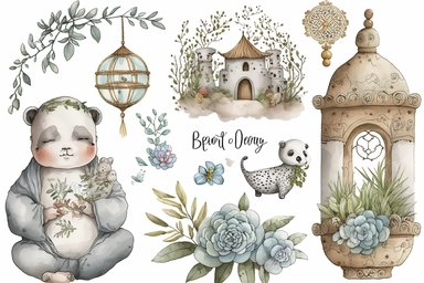 boho, nursery items, baby toys, watercolor clipart, zen meditation Buddhist style, intricately detailed, very clean and detained images