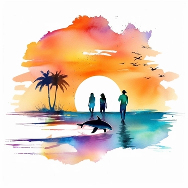 Watercolor People On Beach Ocean Dolphins, Retro Sunset Clipart Colorful and white Background