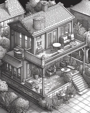 Design an intricately detailed black and white coloring book page showcasing a modern French colonial-style tiny house in a captivating isometric view. Héctor López's style.Ensure the lines are sharp and precise, utilizing a vector format for optimal accuracy. Pay meticulous attention to each element's fine details, including columns, balconies, railing, wall edges, windows, doors, texture, terracotta roof, steps, and sharp edges. Employ a delightful clay-like aesthetic characterized by clean, s