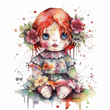watercolor stuffed toy raggedy ann doll with flowers, clipart , cute, alcohol ink, splatter effect