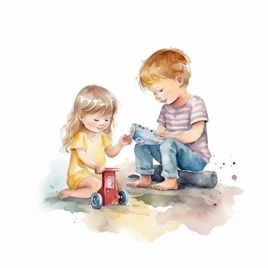 big brother playing with baby sister, watercolour Clipart, isolated white background, 8k , hd, cute