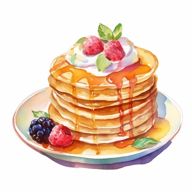 picturesque,bright luxury pancake on a cute pretty plate, 3-tier pancakes topped with Fresh cream and ice cream topping, icon clipart on white background, watercolor, detailing in pastel colors, high quality, painted by Beatrix Potter, 8k,
