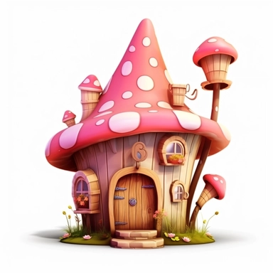 clipart, shades of pink and brown fairy house isolated on a white background, vector, pastel colors, realistic, 3D, no shadows