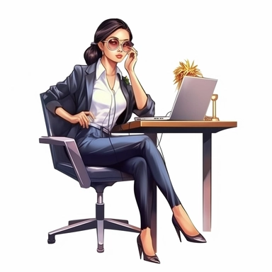 thai lady boss wearing fashionable bold clothes, sitting at the desk and working on the computer, realistic illustration, clipart, isolated on white background, 4K
