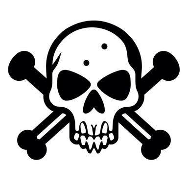 black and white silhouette of a cartoon skull and crossbone icon, clipart style, white background, thick lines, vector, simple design, flat colour, solid colour