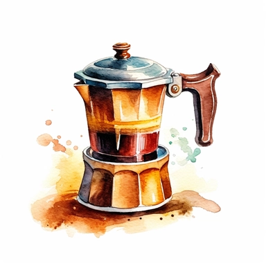 watercolor painting of moka coffee, very detailed, Clipart ,Cartoon,hyper realistic, intricate detail, illustration style,high solution,on the white background