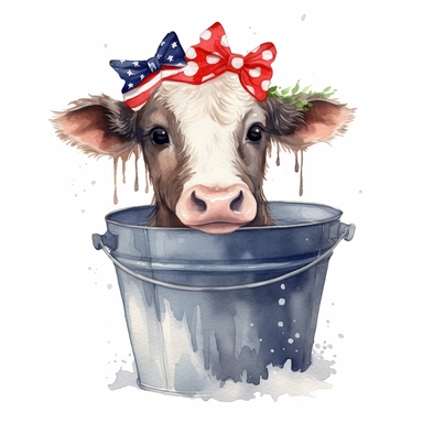 watercolor hairy baby cow in bucket with USA flag color bow on head, hand drawn illustration clipart, high definition 8k, isolated on white background for removing background no text shadow font watermark