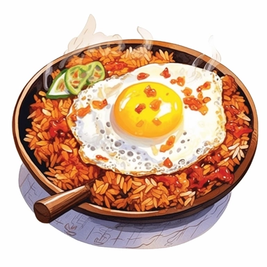 Nasi Goreng (Fried Rice) logo watercolor,simple Watercolor, hyper realistic, white background, white margins, 16k, ultra detailed clipart, cut out image, hand - drawn, whimsical manhwa style, ultra HD, sharp and clean art