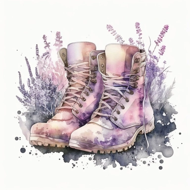 water color hiking boots for girls, realistic look, at summer on a windy day at a lavender field, light pink colors, clipart, hd, white background