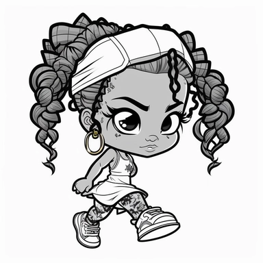 cute line art for coloring page, Black hip hop chibi athletic girl png clipart, camo color black hip hop runner girl, African American track girl, 3d, white background