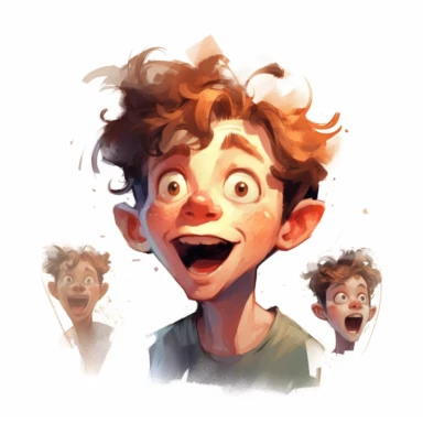 watercolor , illustrations clipart, white background, character emotion sheet, front view , sad, considerate, happy, moved, afraid, unhappy, suprised, shocked, shy, thoughtful, phonics mouth movements, laughing, speaking, one eye closed,