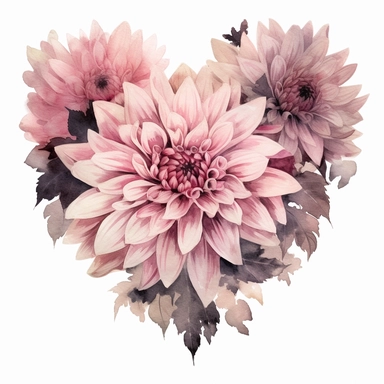 a heart shape made with pink and pastel pink Dahlia flowers, wet on dry watercolour style, dark gothic antique look, clipart, white background