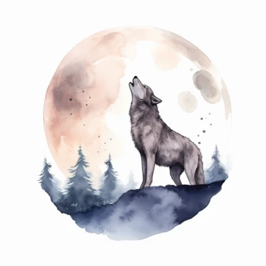 A wolf howling at the full moon, watercolor style, clipart image, no text, no symbols, no logo, on white background