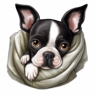 Boston Terrier, snuggling on a lap, Cartoon, Clipart, white background, no text, no caption
