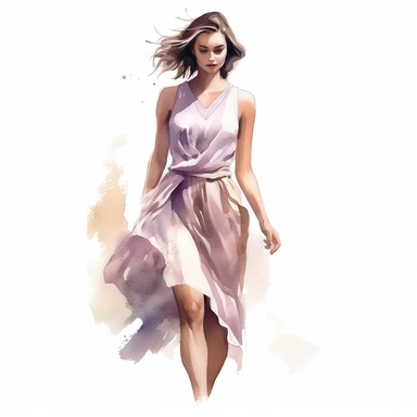 watercolor style, beautiful woman in summer dress in shades of mauve and white, realistic, clipart, isolated on white background, 4K