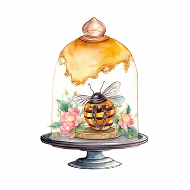 whimsical watercolour clip art honey cupcake under a glass dome with bee decorations