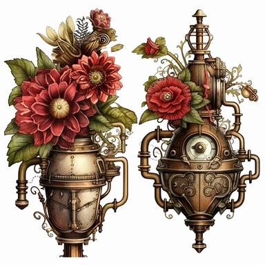 Create a captivating set of steampunk floral arrangements clipart that combines the enchanting elements of Victorian aesthetics with the futuristic allure of steampunk culture. Utilize digital illustration as the artistic medium to bring these unique compositions to life. Draw inspiration from steampunk genres, referencing the works of authors like Jules Verne and incorporating iconic steampunk imagery such as gears, clockwork mechanisms, and intricate metalwork. Embrace a vibrant color palette 