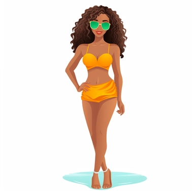 Create a realistic clip art of an African American woman in her mid-twenties with long wavy brown hair, dressed in a two-piece bikini with a bright-colored top and a complementing shade for the bottom. She should be wearing high heels that add height to her curvy figure and have hips that are prominently displayed with a gentle curve to them. Her skin tone should be medium to dark and have a confident and attractive demeanor.