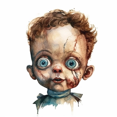 a headshot showing the scary face of a possessed male doll, watercolor, ultra high-detail, dark outlines, clipart
