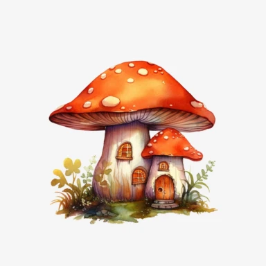 Watercolour orange mushroom house hd clipart white background