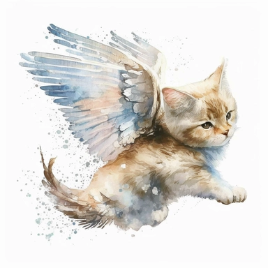 kitten with angel wings flying, cute, watercolor, white background, clipart