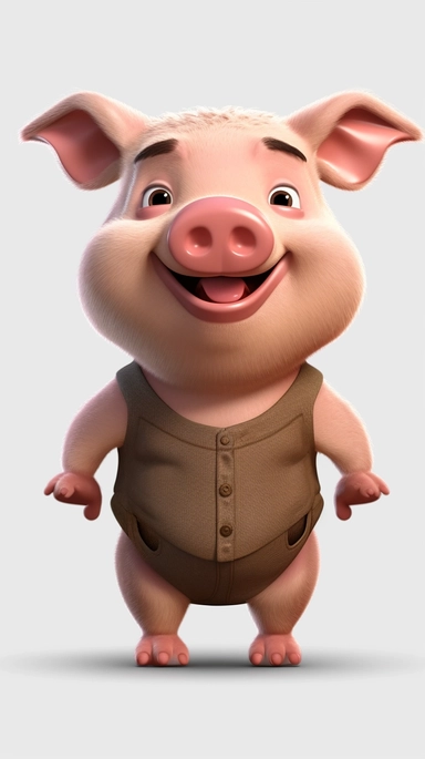 Front view of animated big belly pig standing wearing t-shirt character design, full body, face drawing in top quality, high quality face drawing, clipart, full illustration, 4k, sharp focus, Soft skin, symmetrical, detailed face, concept art, storybook style, chibi kawaii. Octane rendering, 3D, perfect face, detailed face, delicate face, sharp lips. Perfect, detailed eyes