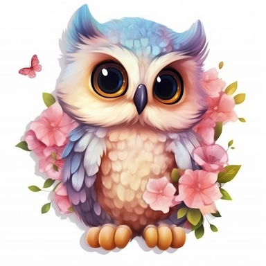 Sticker. A baby owl sits on a various flower tree with big eyes whole body watercolor illustration abstract fantasy background shadow for clipart ultra detail, high quality, 8k, hd quality