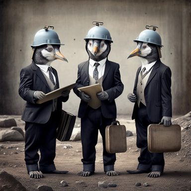 silly penguins with hard hats and suits and clip boards next to a dam