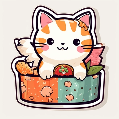 Clipart de gato a comer sushi em estilo kawaii, Sticker, Enthusiastic, Earthy, Kawaii, Contour, Vector, White Background, Detailed