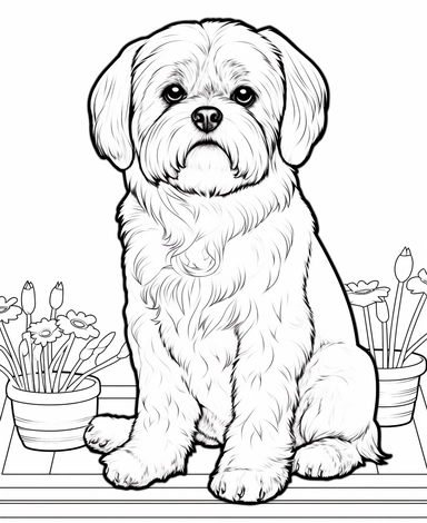 expert coloring page style of realistic Shih Tzu Dog breed Clipart, simple house background, simple line art, line is crisp and clean, easy to color