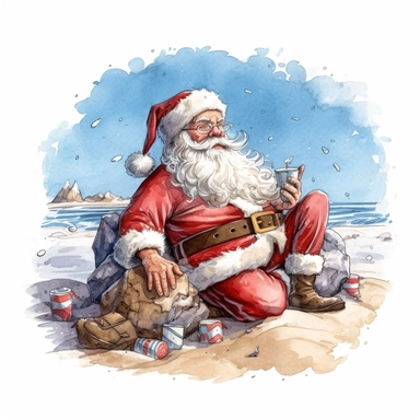 Watercolour of a santa on the beach , Clipart,Cartoon,hyper realistic, intricate detail isolated on a white background, high quality, sublimation, detailed, cartoon style