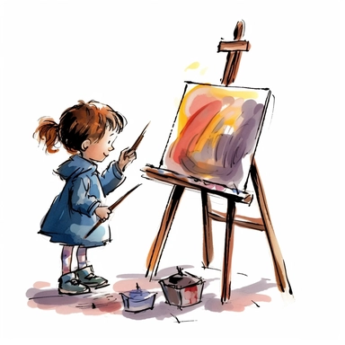 children as artists, children drawing, clipart style, simple comic style, no background, colourful, brush and easel, children painting, thick outlines, black outlines