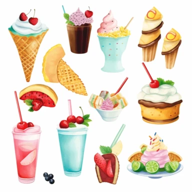 Food and beverage clipart - Create a set of mouth-watering food and drink illustrations like pizza slices, ice cream cones, coffee cups, and cocktails that customers can use for their restaurant menus or food blogs. ultra realistic and colorful