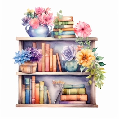 watercolor style, a bookshelf with multiple books, flowers and other decorations on it, realistic, delicate shades, clipart, isolated on white background, 4K