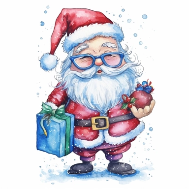santa smile and cute big eyes wear big glasses full body , hold gift and bag , cute funny laugh detailed digital art, whimsical and cute, cute detailed artwork, glimmering, adorable and whimsical, whimsical art, watercolor Clipart style