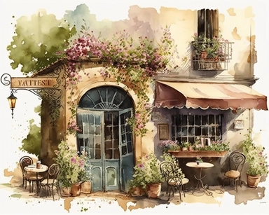 Clipart, Watercolor painting, coffee shop, As the gentle breeze carries the faint scent of freshly brewed coffee, you find yourself captivated by the scene before you. Nestled among a quaint street lined with charming buildings, a picturesque cafe comes into view. The outdoor seating area beckons with its rustic charm, adorned with wrought-iron chairs and tables adorned with vibrant potted flowers. The centerpiece of the cafe is an intriguing structure, an architectural marvel that combines clas